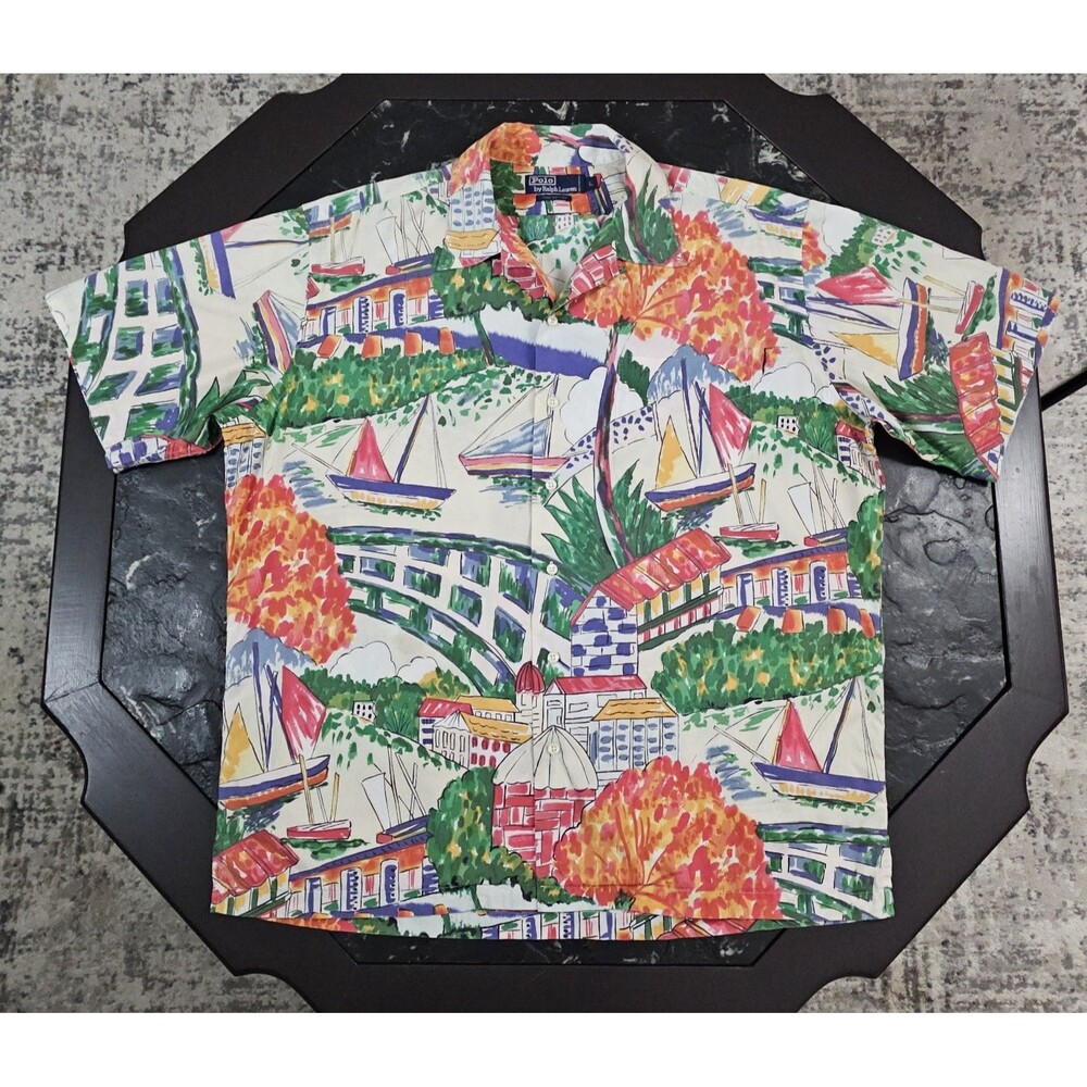Vintage Polo Ralph Lauren Camp Shirt Loop Mens L Scenic Harbor Sailboat Print